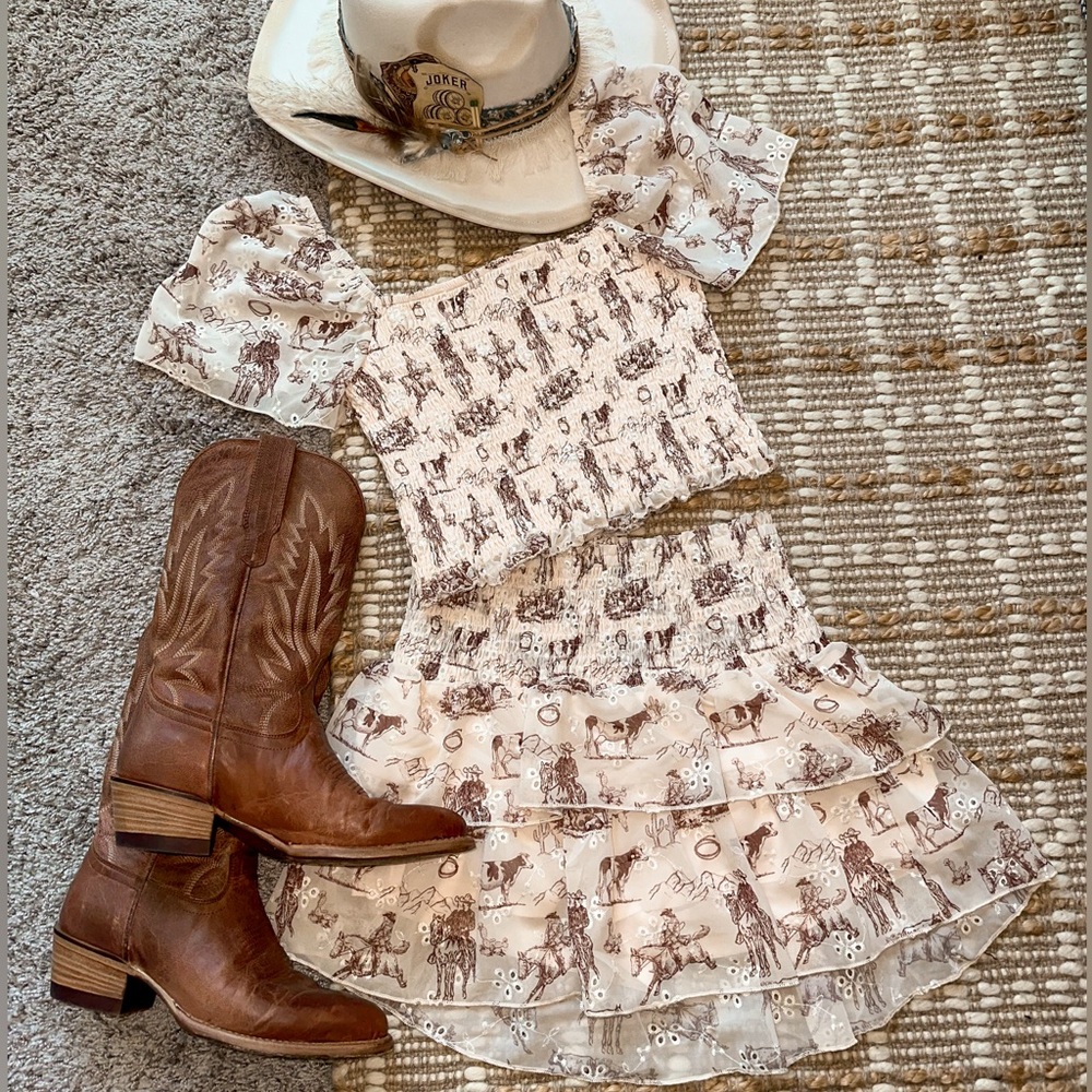 NWT Western Scene 2-Piece Skort Set | Cream Smocked Crop Top + Skort